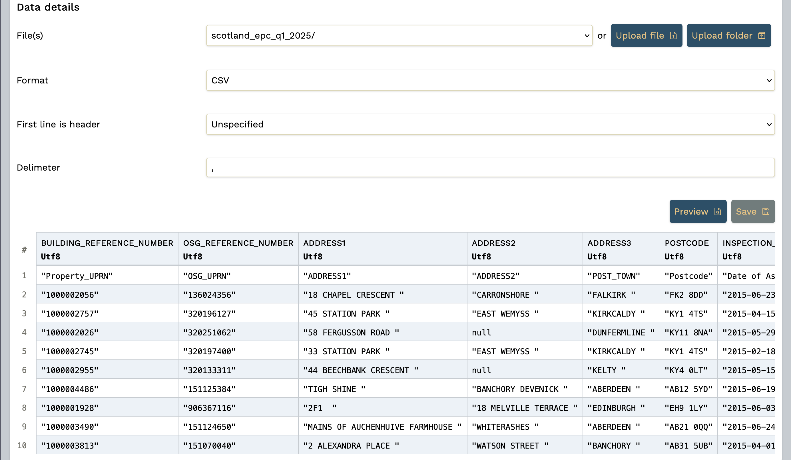 Screenshot of defining data in tap